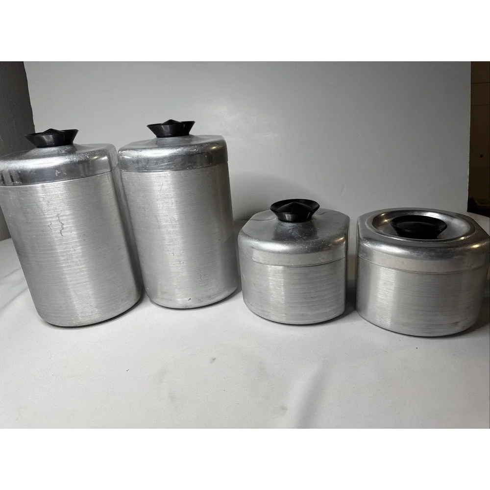 Vintage Set of (4) 1950s Kromex Aluminum Mid Century Canister Set Farm House